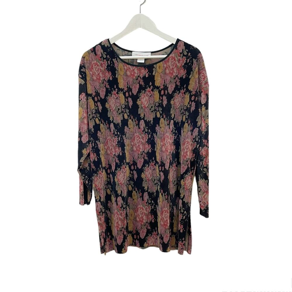 Vintage The Limited 90s Sz S Black Crinkled Long Sleeve Pink Floral Tunic Shirt